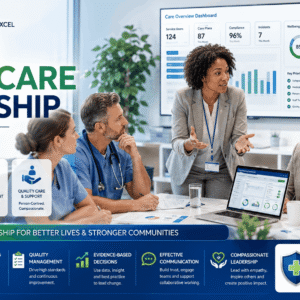 Professional care leaders discussing Health Social Care Leadership strategies in a modern healthcare environment