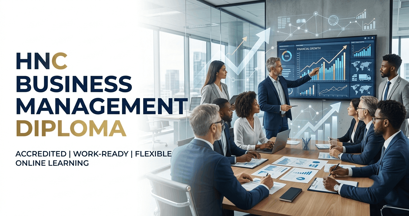HNC Business Management diploma banner showing strategy, finance and operations management concepts