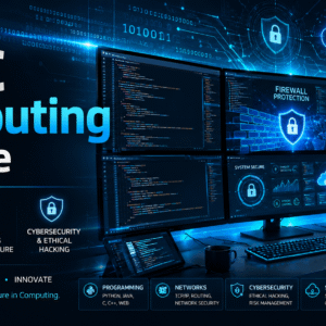 HNC Computing Course banner showing coding screens, networking systems, cybersecurity dashboard, and modern IT workspace