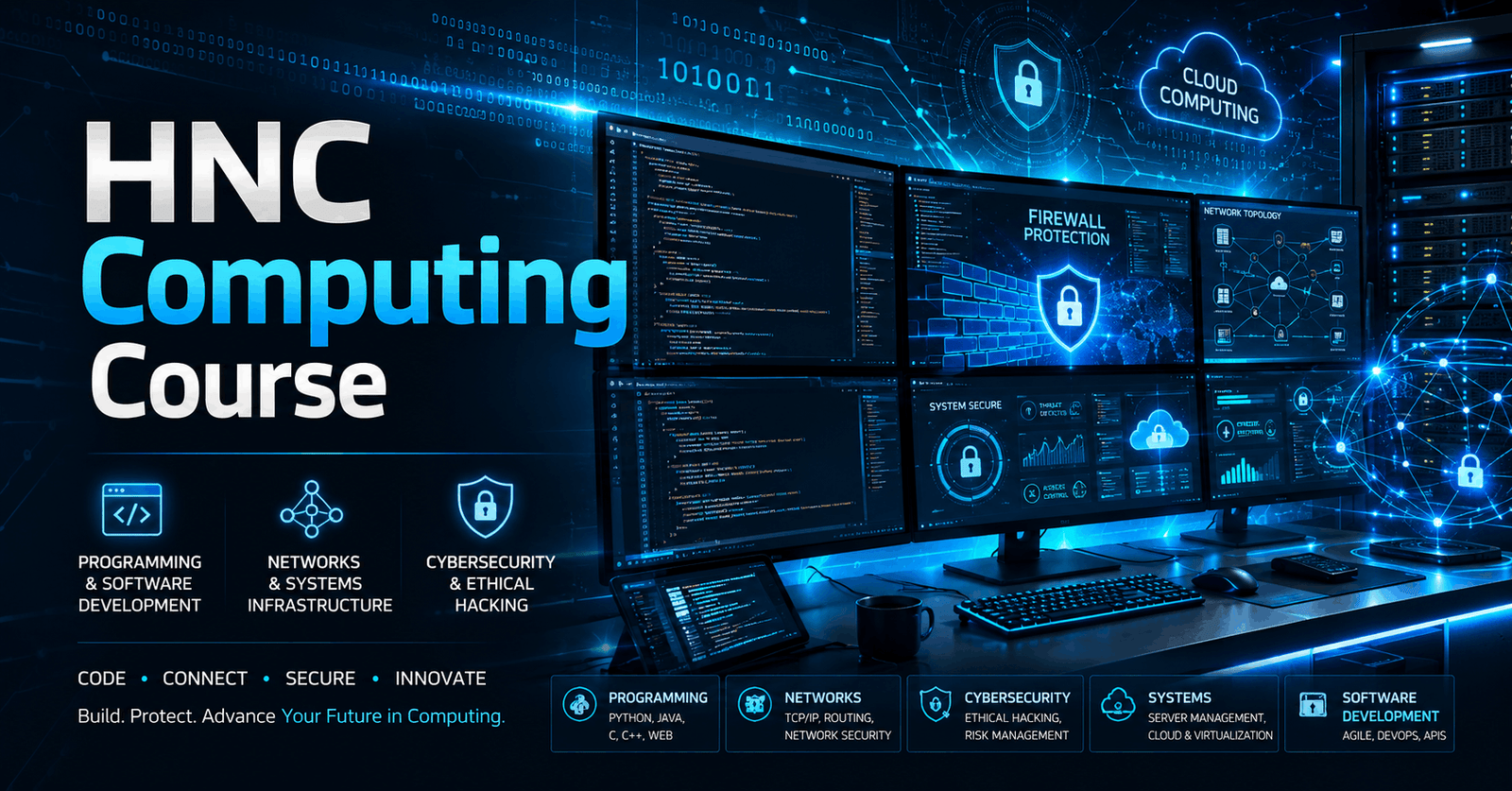 HNC Computing Course banner showing coding screens, networking systems, cybersecurity dashboard, and modern IT workspace