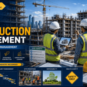 HNC Construction Management course banner showing construction site, project planning tools, safety gear, and site managers