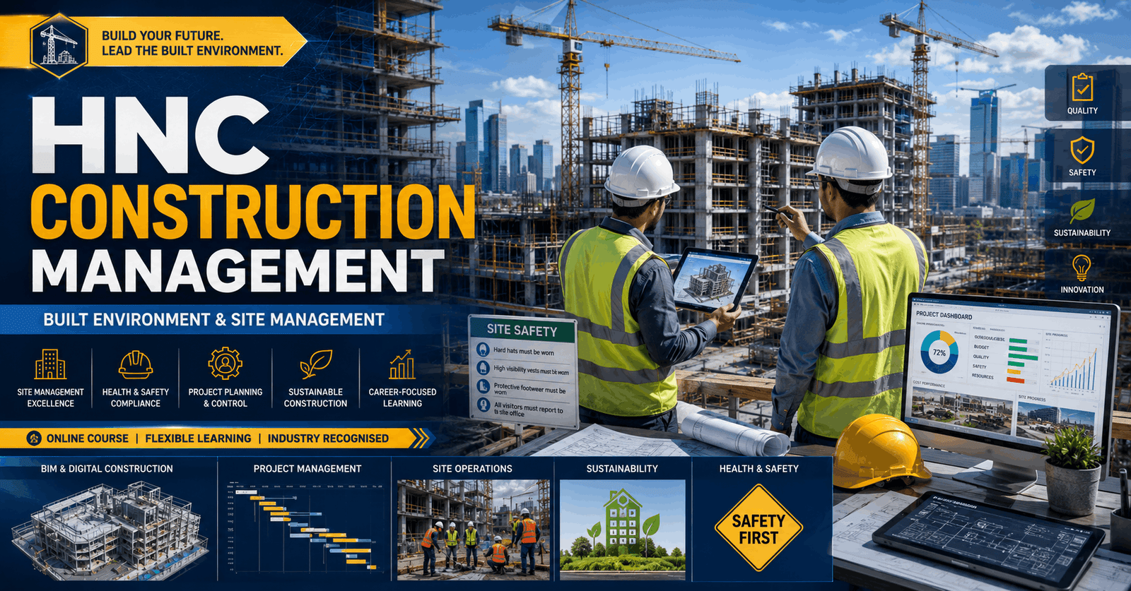 HNC Construction Management course banner showing construction site, project planning tools, safety gear, and site managers
