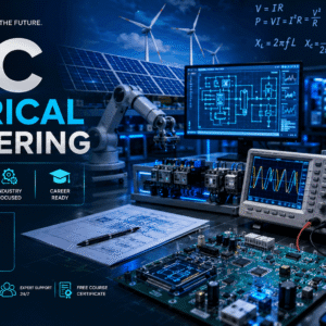 HNC Electrical Engineering course banner showing circuit boards, power systems, automation tools, and engineering workspace
