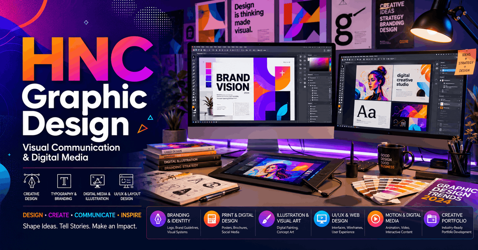 HNC Graphic Design course banner showing digital design tools, branding visuals, creative workspace, and graphic design projects
