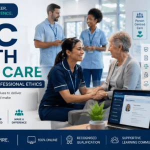 HNC Health Social Care course banner showing healthcare professionals, patient care, policy documents, and clinical environment