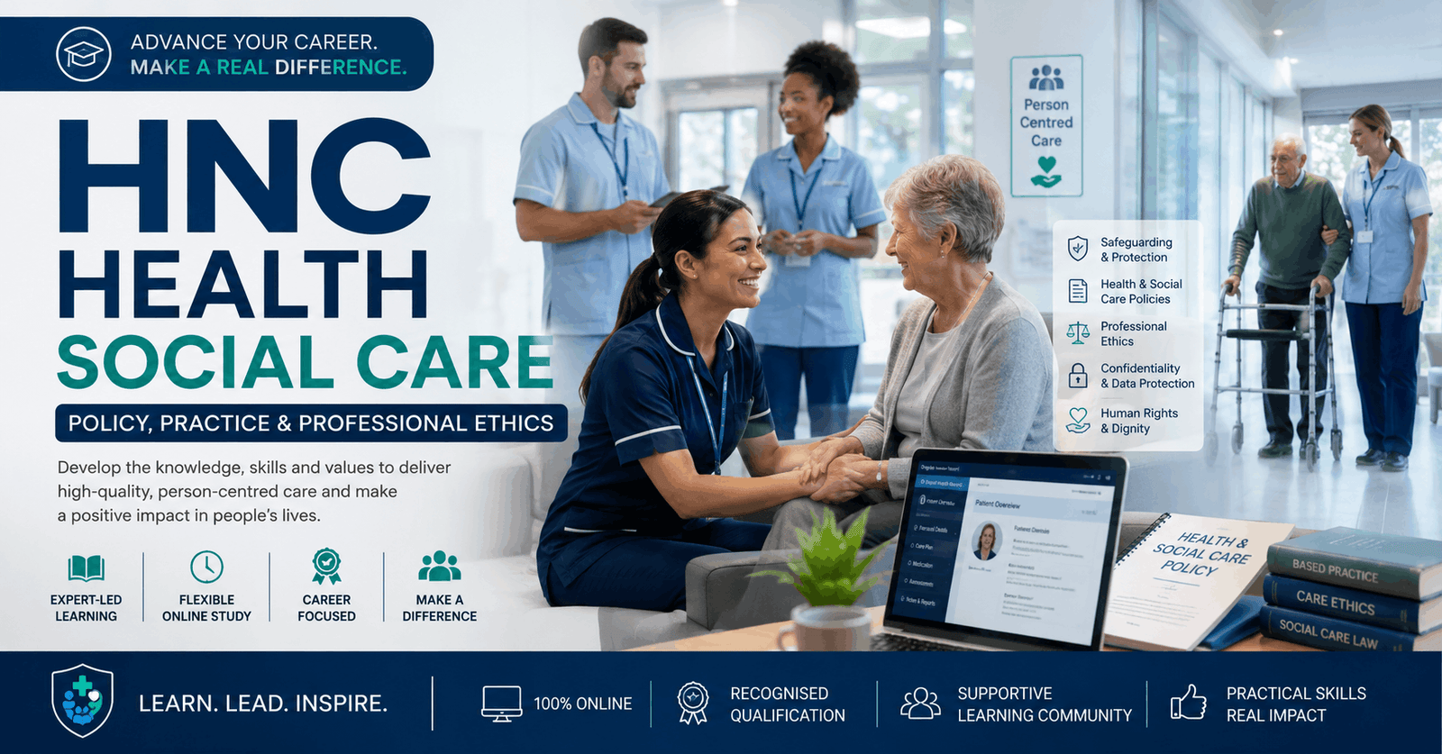 HNC Health Social Care course banner showing healthcare professionals, patient care, policy documents, and clinical environment