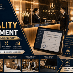 HNC Hospitality Management course banner showing hotel operations, event planning, guest service, and hospitality professionals
