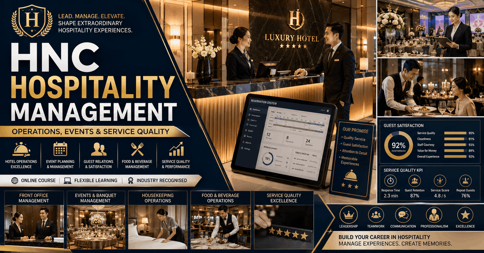 HNC Hospitality Management course banner showing hotel operations, event planning, guest service, and hospitality professionals