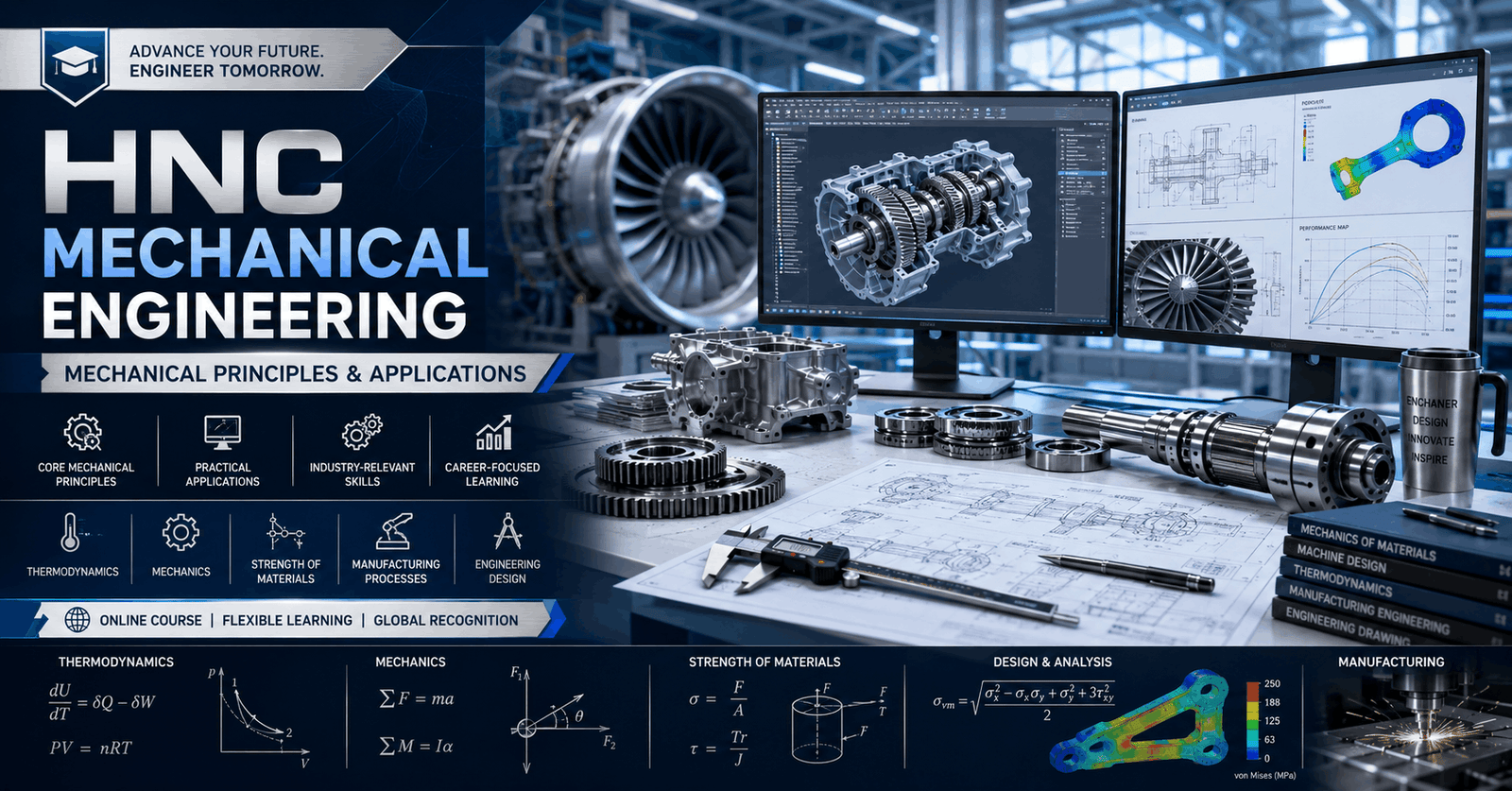 HNC Mechanical Engineering course banner showing CAD design, gears, machinery, and engineering calculations