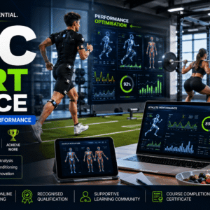 HNC Sport Science course banner showing athletes training, fitness analysis, biomechanics, and sports performance tools