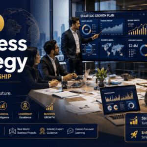 HND Business Strategy course banner showing business planning, entrepreneurship, strategy charts, and leadership visuals