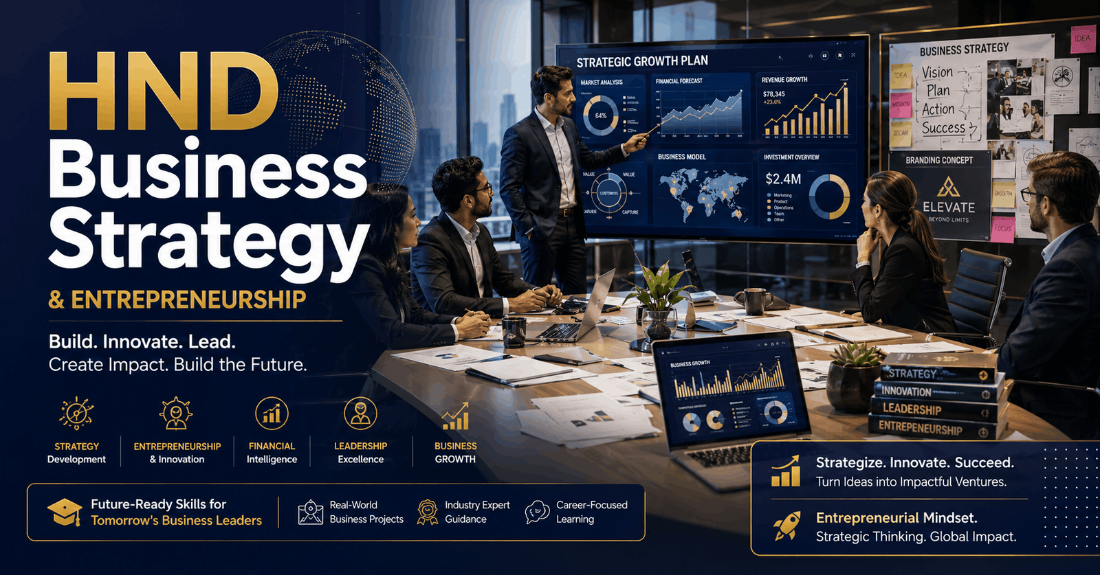 HND Business Strategy course banner showing business planning, entrepreneurship, strategy charts, and leadership visuals
