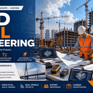 Modern construction site showcasing HND Civil Engineering with structural design, surveying, and site management activities