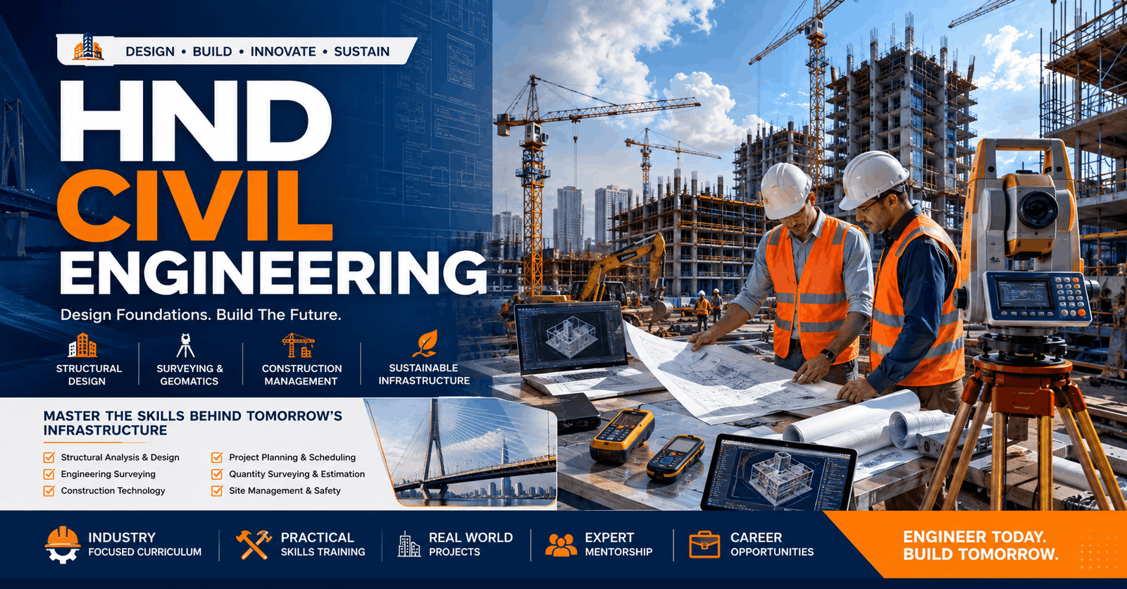 Modern construction site showcasing HND Civil Engineering with structural design, surveying, and site management activities