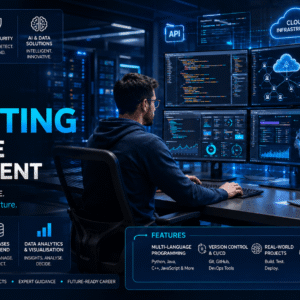 Modern workspace showing HND Computing Software Development with coding, cloud computing, cybersecurity, and software engineering