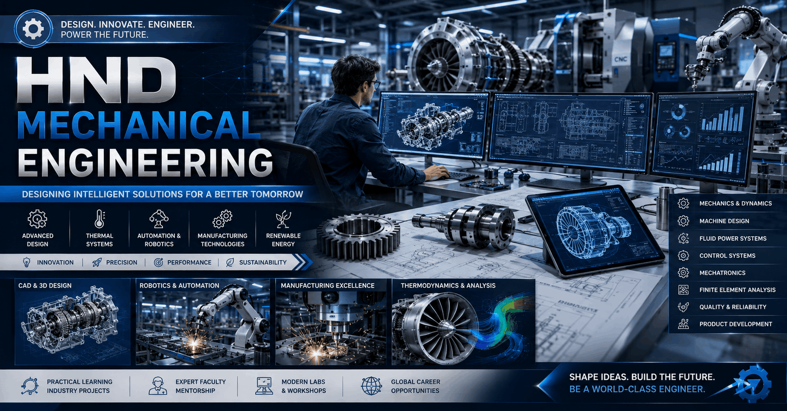 Modern engineering lab showcasing HND Mechanical Engineering design, automation, and advanced mechanical systems