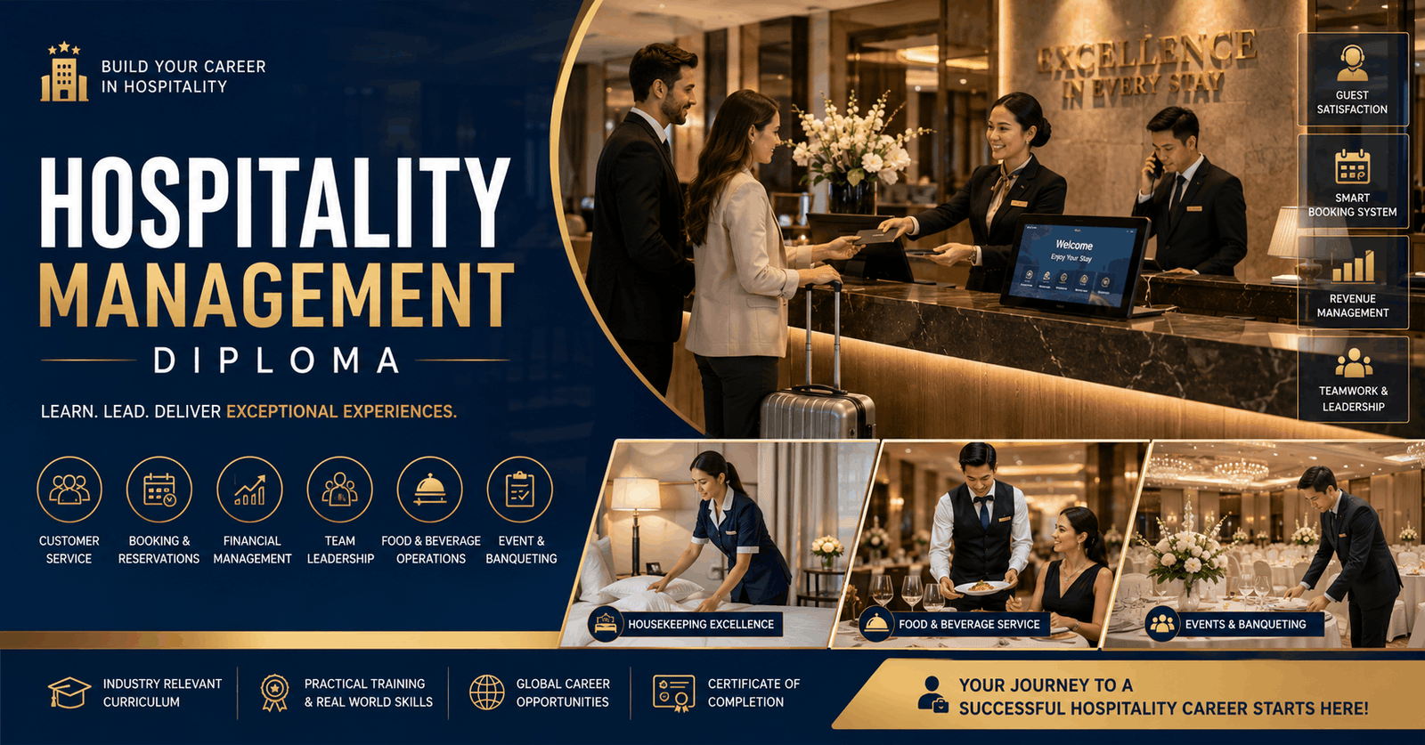 Hospitality Management Diploma course showing hotel reception, guest service, and hospitality operations training environment