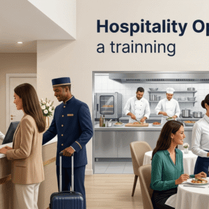 Hospitality operations training showing hotel front desk, catering service, and hospitality staff working in professional environment