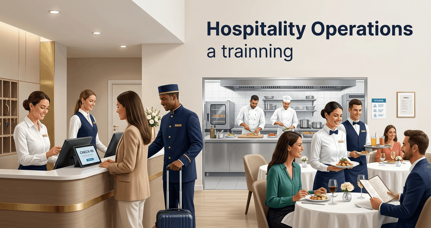 Hospitality operations training showing hotel front desk, catering service, and hospitality staff working in professional environment