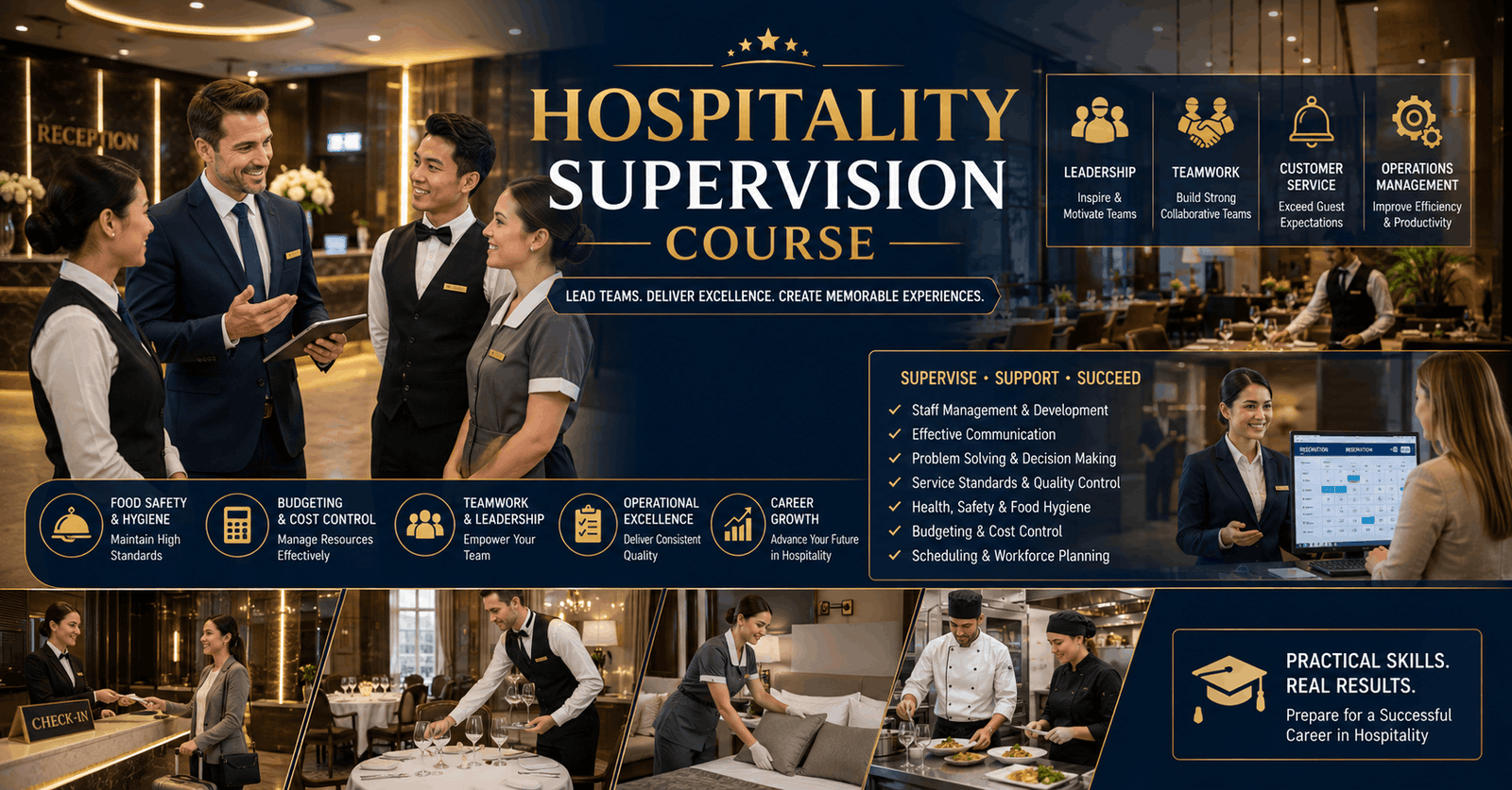 Hospitality Supervision Course banner showing hotel team leadership, customer service and hospitality operations management