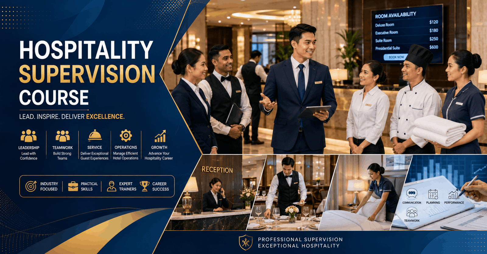 Hospitality Supervision Course showing hotel manager leading hospitality staff in a professional hotel environment
