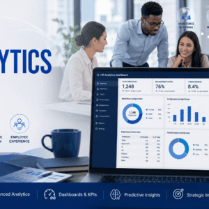 HR analytics dashboard illustration showing CIPD workforce metrics, charts, KPIs, and insights for HR decision making