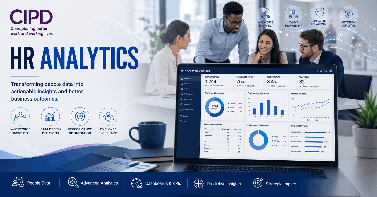 HR analytics dashboard illustration showing CIPD workforce metrics, charts, KPIs, and insights for HR decision making