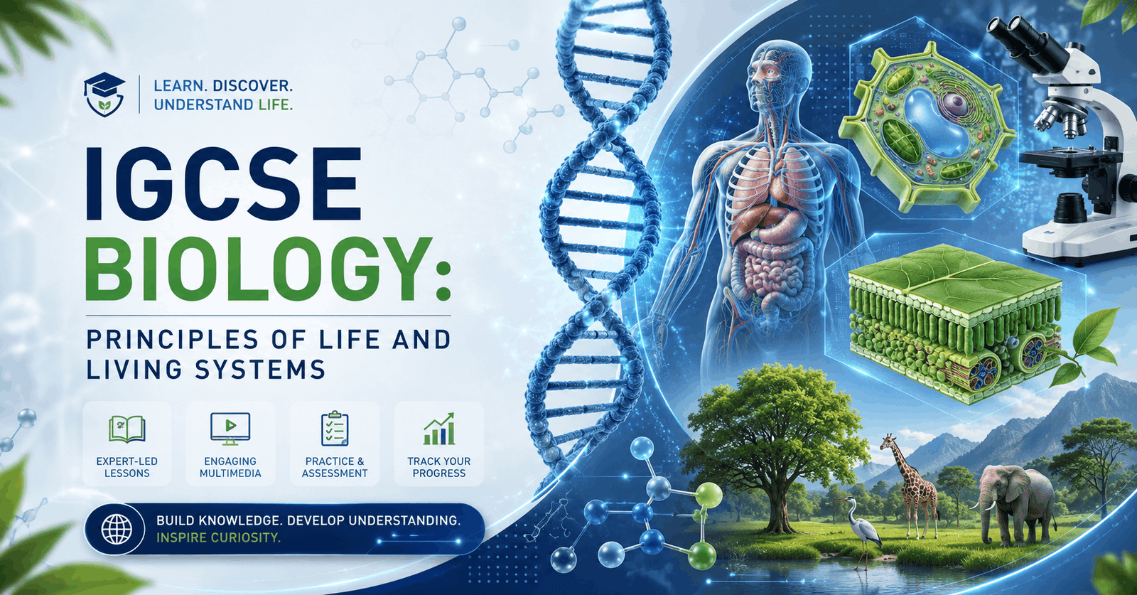 Educational banner for IGCSE Biology Course covering cells, genetics, ecosystems, and life science concepts