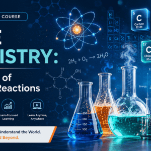 Educational banner for IGCSE Chemistry Course covering atoms, molecules, chemical reactions, and laboratory science