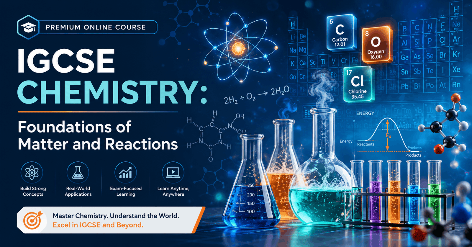 Educational banner for IGCSE Chemistry Course covering atoms, molecules, chemical reactions, and laboratory science