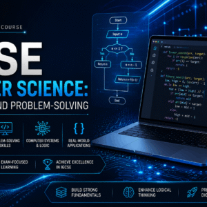 Educational banner for IGCSE Computer Science covering Python programming, algorithms, coding, and problem-solving skills