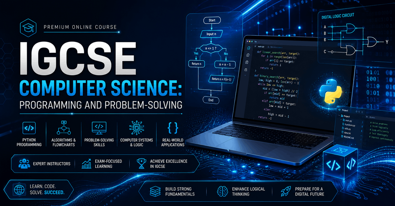 Educational banner for IGCSE Computer Science covering Python programming, algorithms, coding, and problem-solving skills