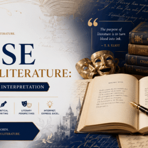 Educational banner for IGCSE English Literature covering prose, poetry, drama, literary analysis, and text interpretation