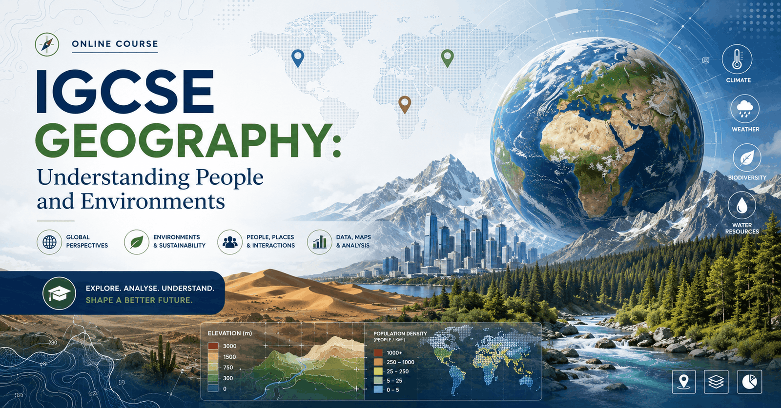 Educational banner for IGCSE Geography Course covering maps, population, climate, ecosystems, and environmental studies