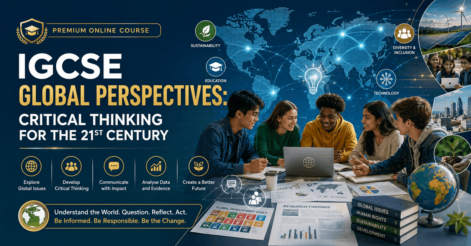 Educational banner for IGCSE Global Perspectives covering critical thinking, global issues, research, and collaboration