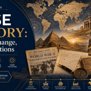 Educational banner for IGCSE History Course covering world wars, civilisations, revolutions, and historical analysis