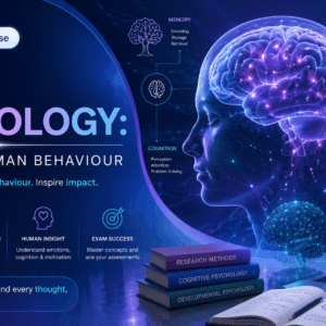 Educational banner for IGCSE Psychology Course covering behaviour, memory, brain function, and psychological research