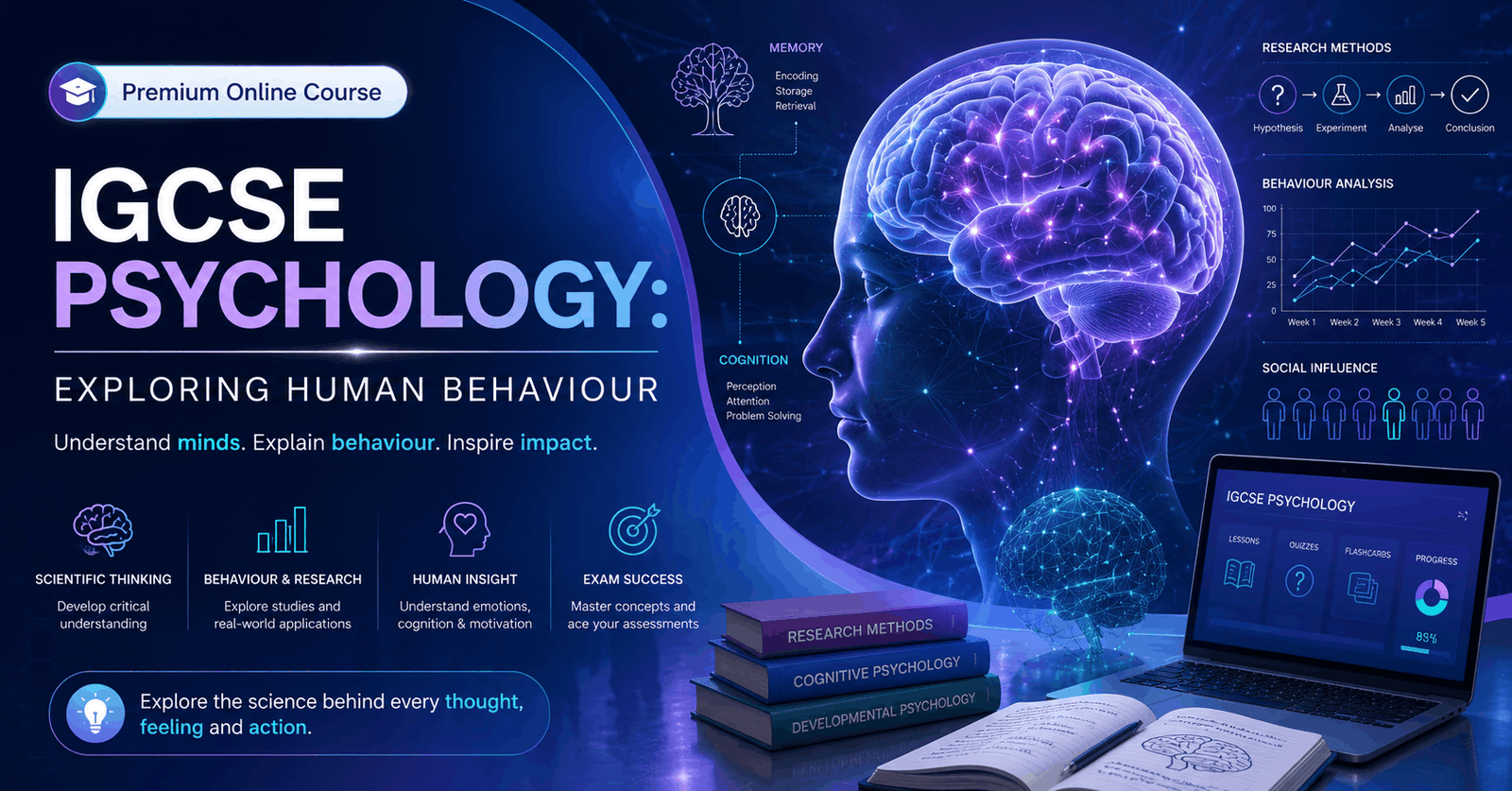 Educational banner for IGCSE Psychology Course covering behaviour, memory, brain function, and psychological research