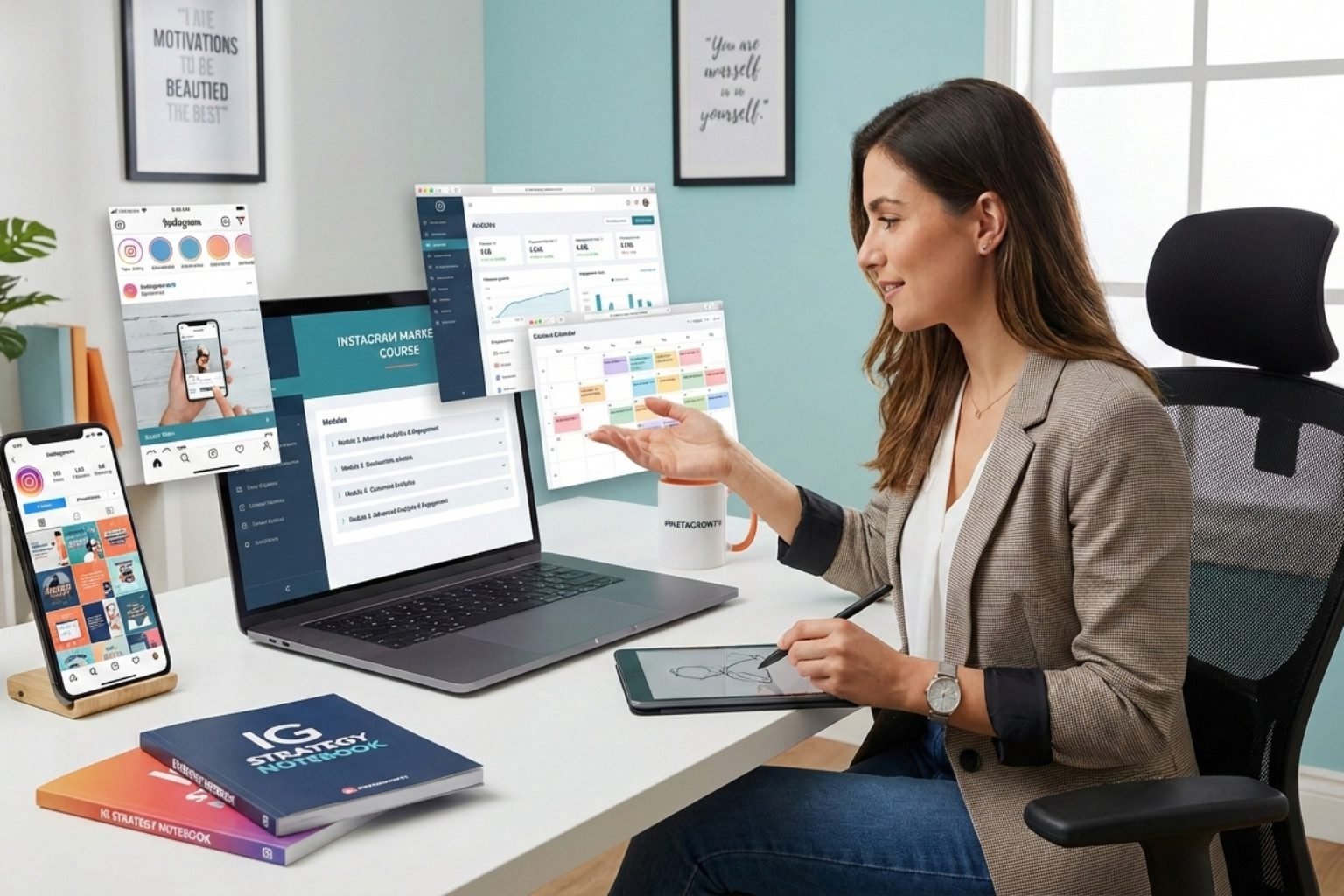 Social media manager planning posts and engagement in an Instagram Marketing Course workspace
