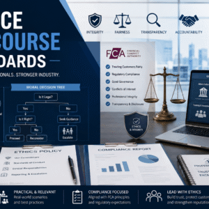 Professional banner showing ethics, compliance, governance, and conduct standards in insurance ethics course CII training