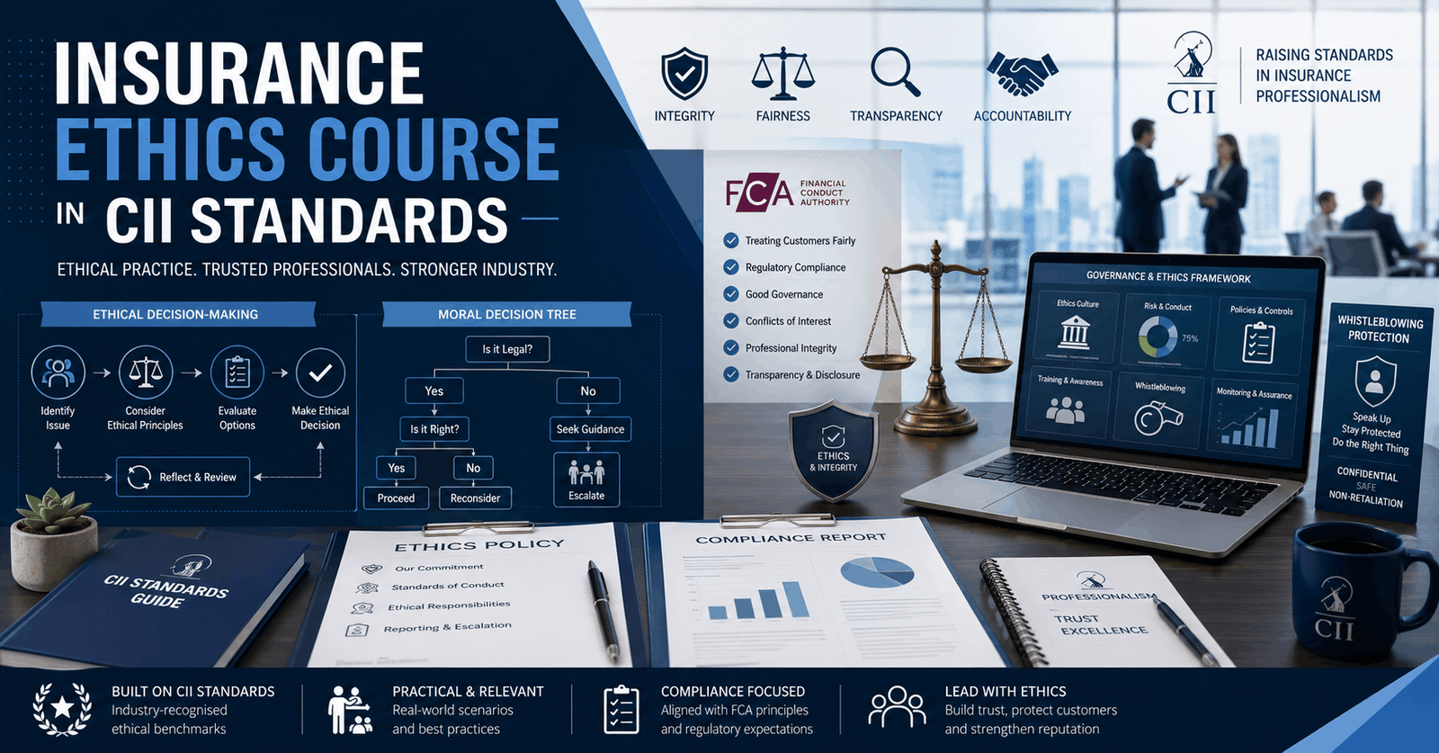 Professional banner showing ethics, compliance, governance, and conduct standards in insurance ethics course CII training