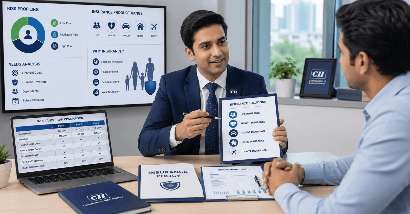 Insurance products CII course showing client consultation, insurance policy options, risk analysis charts and needs assessment