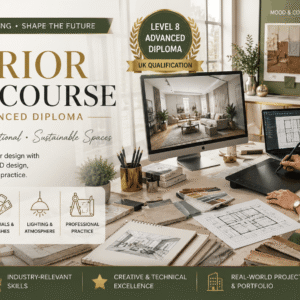 Interior designer working on digital mood board and 3D room plan in Interior Design Course Level 8 Advanced Diploma training