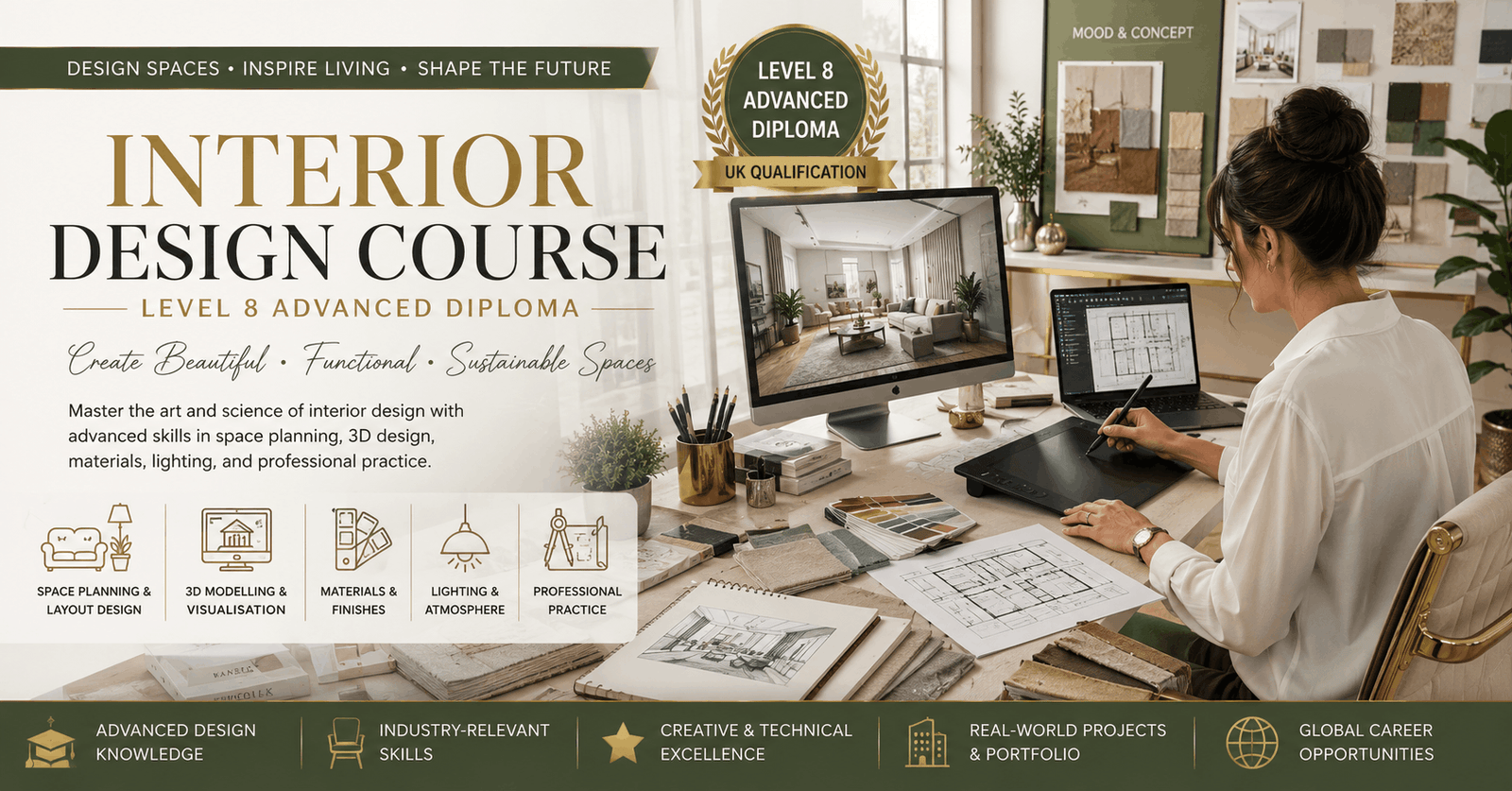Interior designer working on digital mood board and 3D room plan in Interior Design Course Level 8 Advanced Diploma training