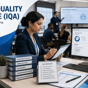 Quality team reviewing assessment records in Internal Quality Assurance IQA vocational training environment