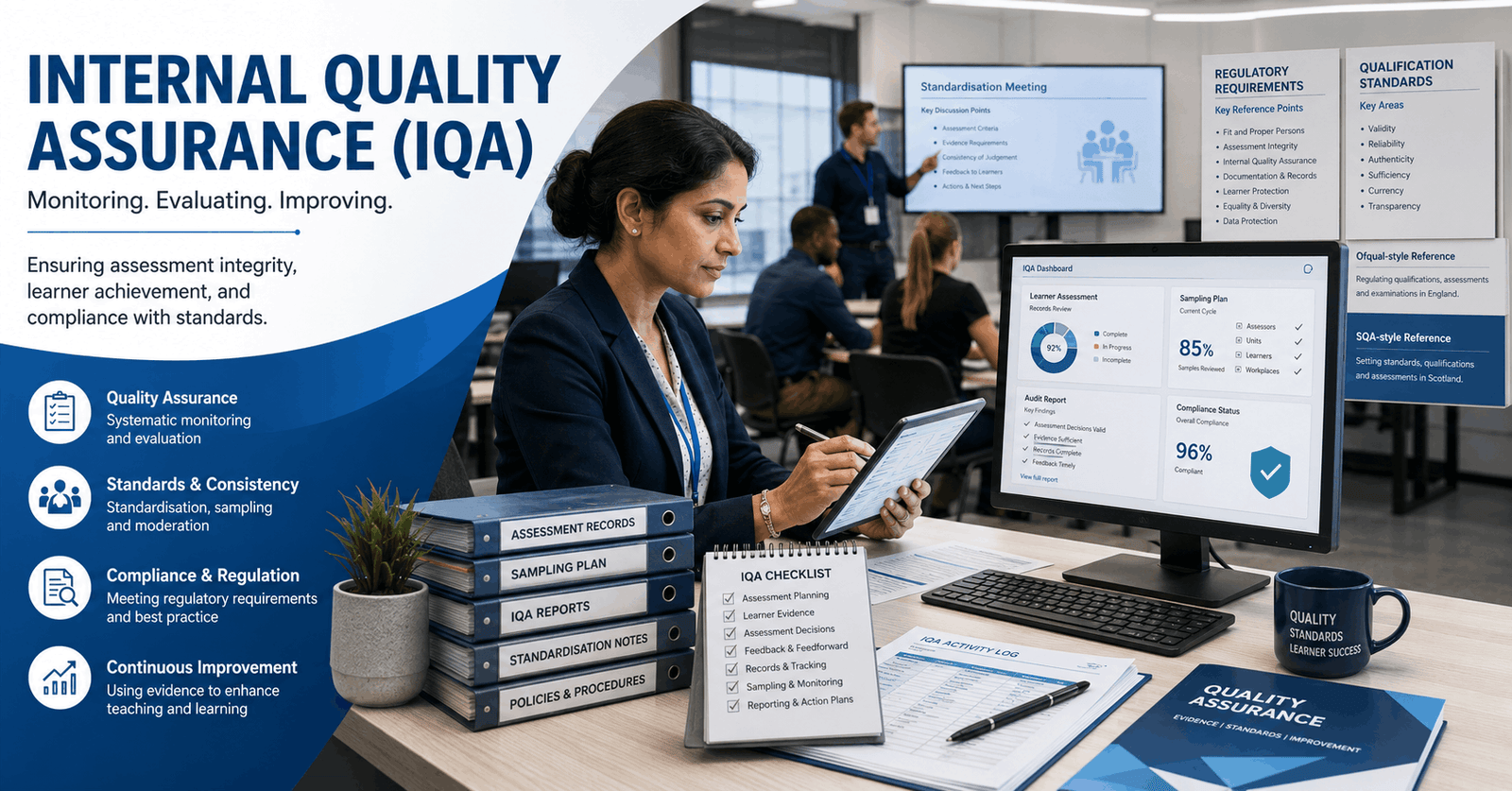 Quality team reviewing assessment records in Internal Quality Assurance IQA vocational training environment