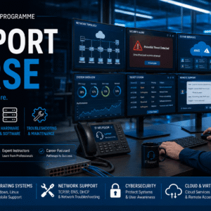 IT technician troubleshooting network systems during IT Support Course digital support and networking training session