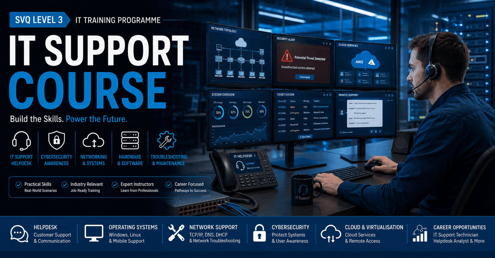 IT technician troubleshooting network systems during IT Support Course digital support and networking training session