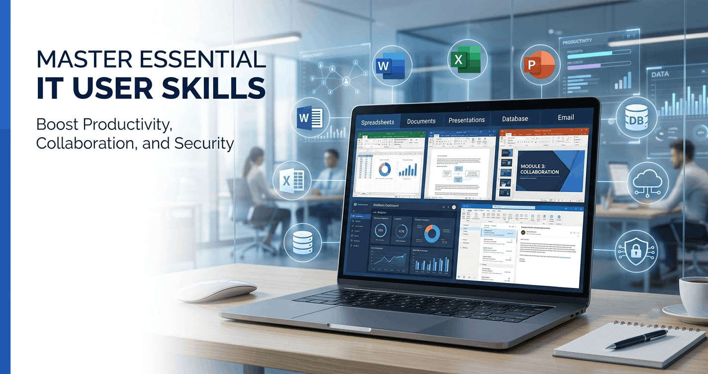 IT User Skills Level 3 course banner showing modern digital workplace tools and software training