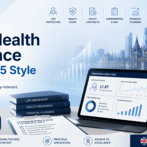 Modern insurance training banner showing concepts of policies, risk, and underwriting for Life & Health Insurance CII R05/CF5 course